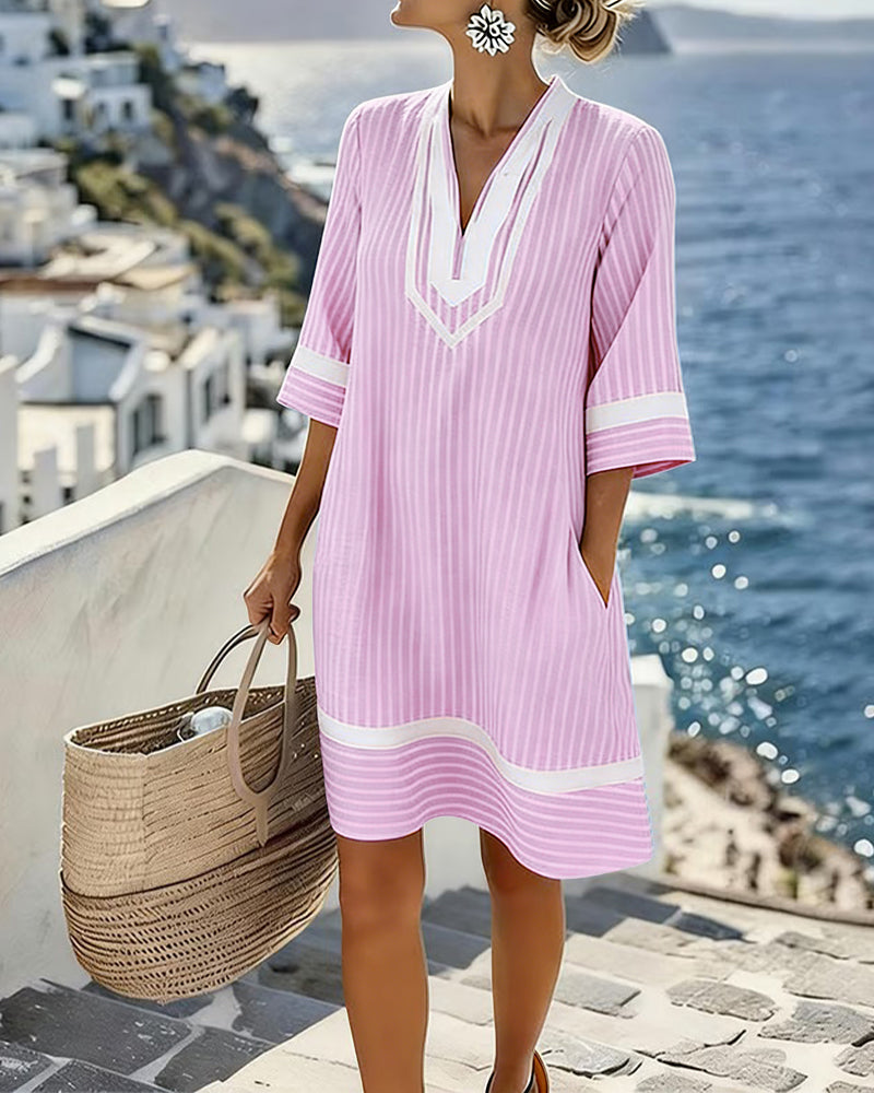 Striped V-Neck Short Sleeve Dress