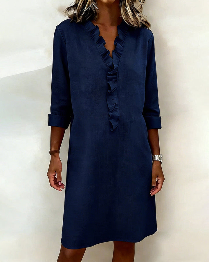 Plain V-Neck Ruffled Dress