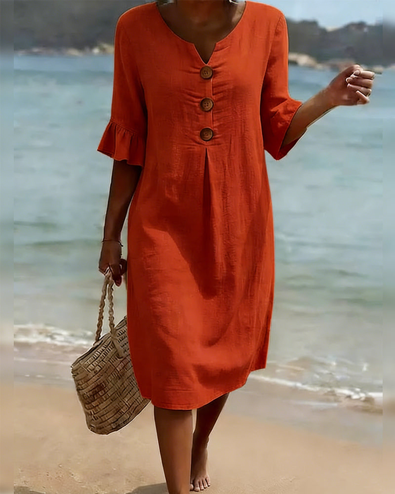 Button-front Cotton Dress With Ruffled Sleeves
