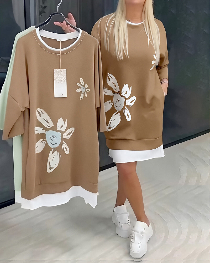 Women's Patchwork Print Crew Neck Sweatshirt Dress