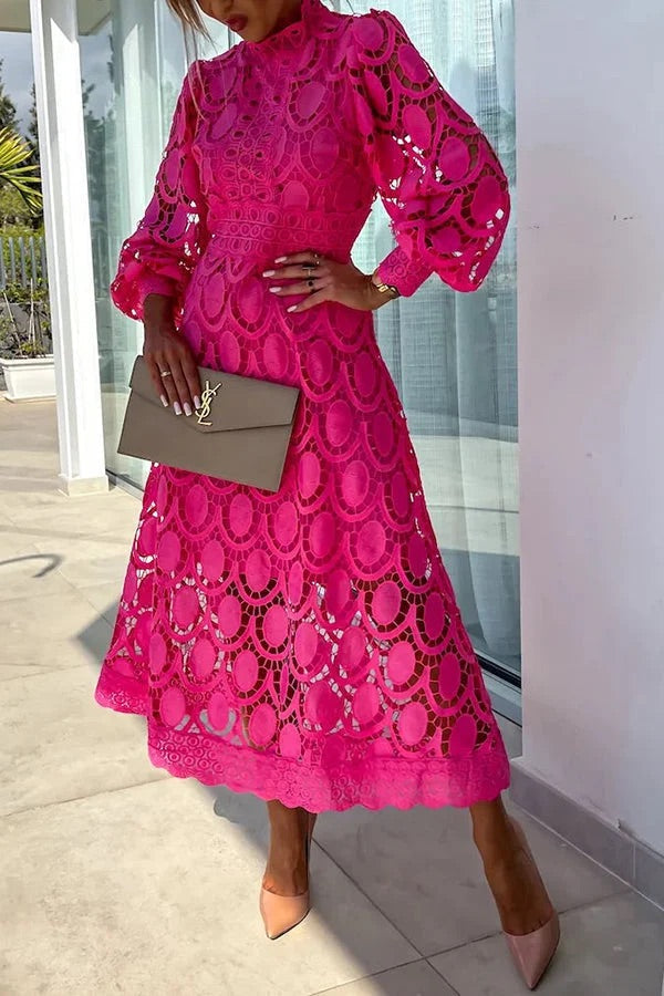 Elegant Crochet Lace Lantern Sleeve Party Midi Dress