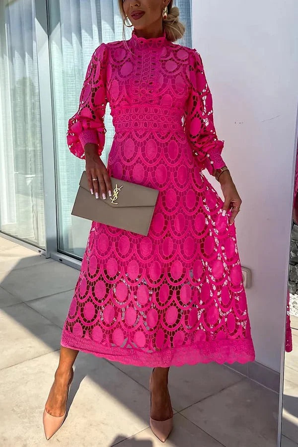 Elegant Crochet Lace Lantern Sleeve Party Midi Dress
