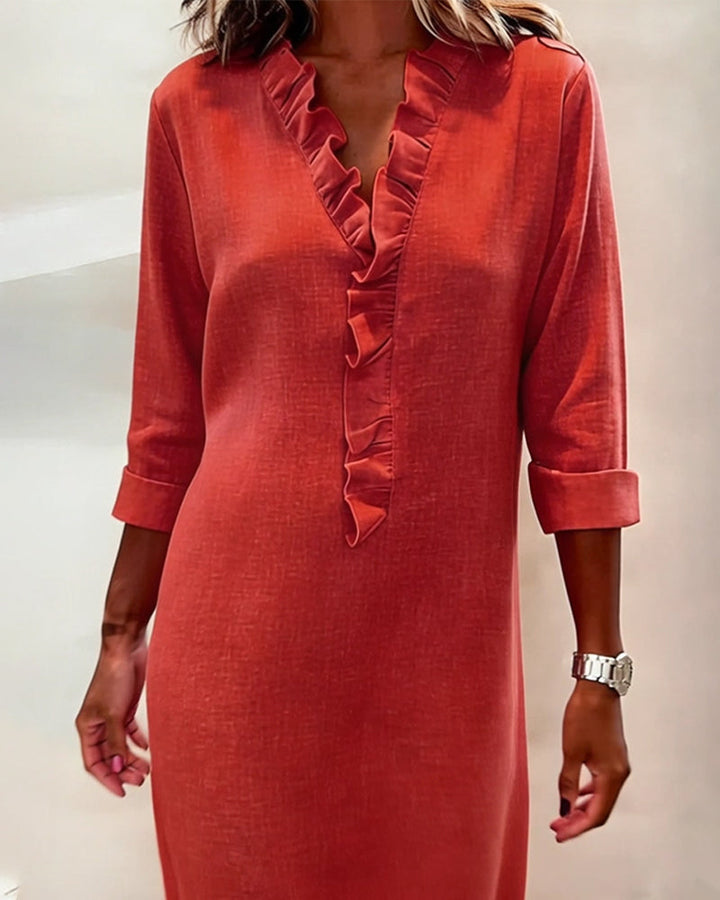 Plain V-Neck Ruffled Dress