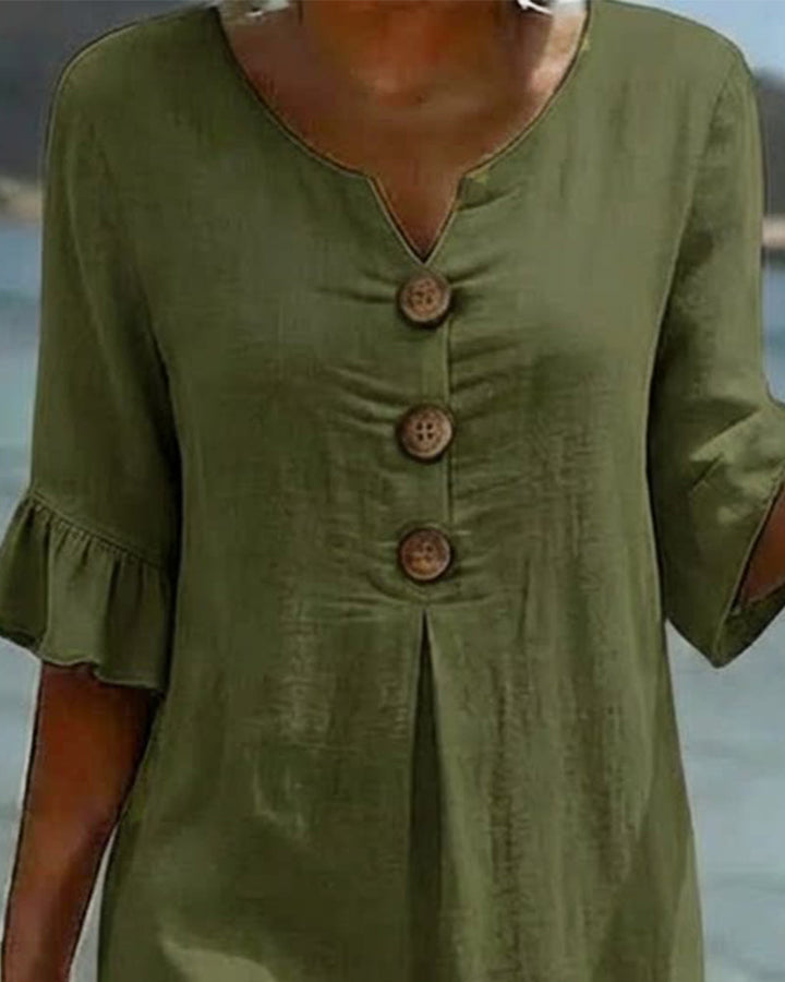 Button-front Cotton Dress With Ruffled Sleeves