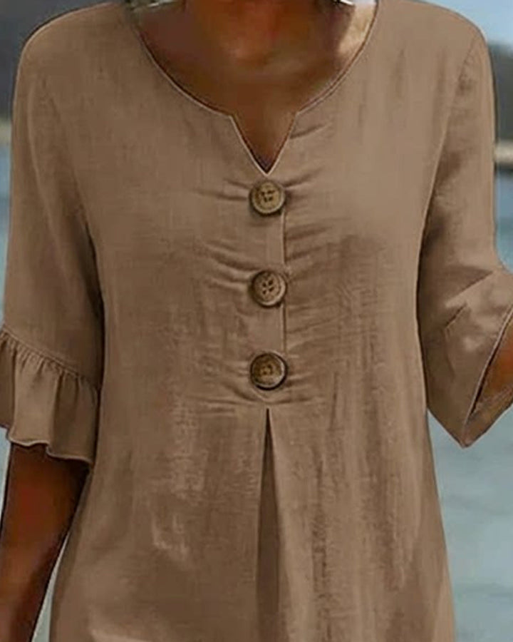 Button-front Cotton Dress With Ruffled Sleeves