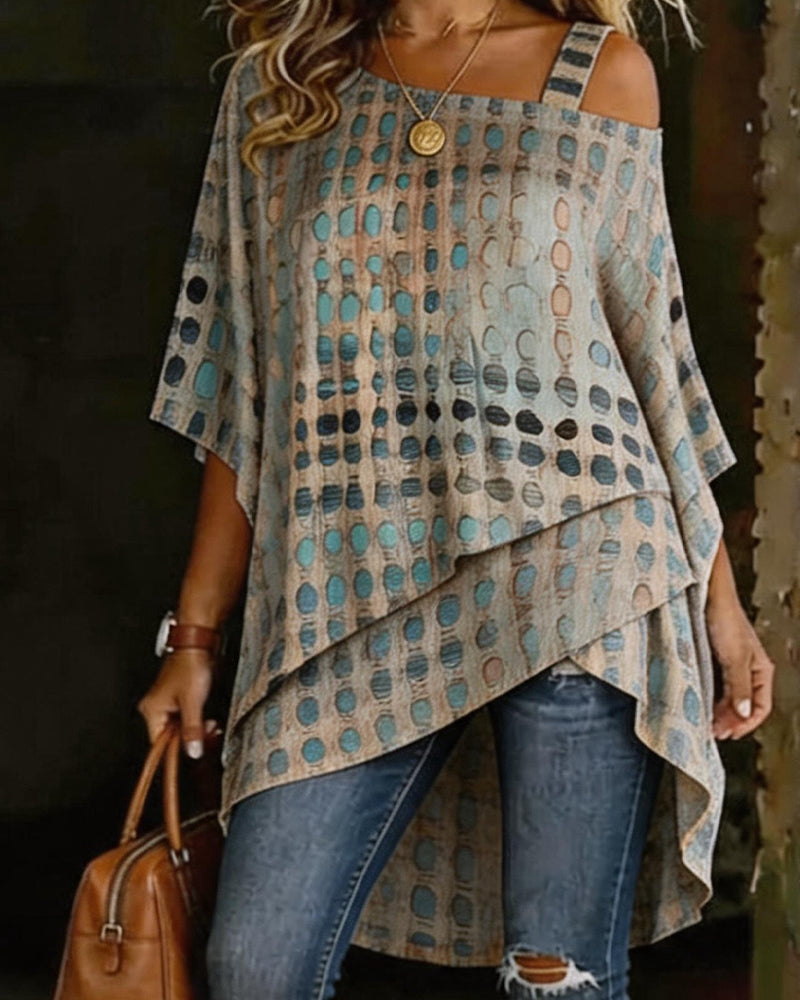 Irregular Shoulder Polka Dot Print Blouse