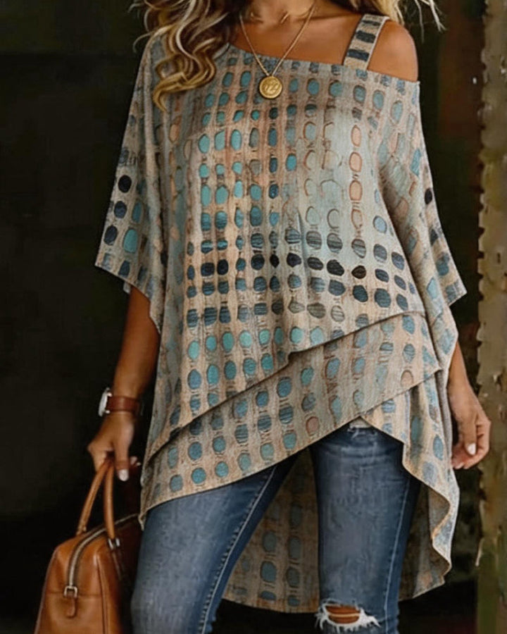 Irregular Shoulder Polka Dot Print Blouse