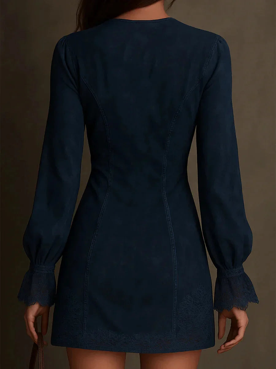 Jasmine – Blue Suede Mini Dress with Lace