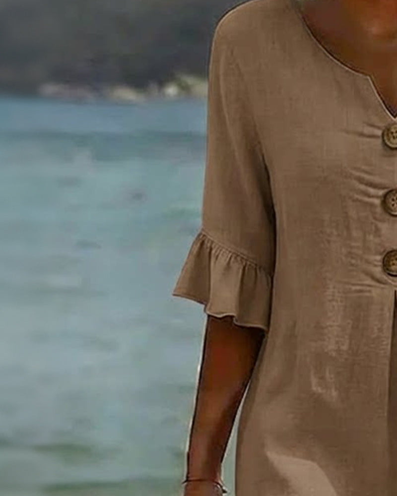 Button-front Cotton Dress With Ruffled Sleeves