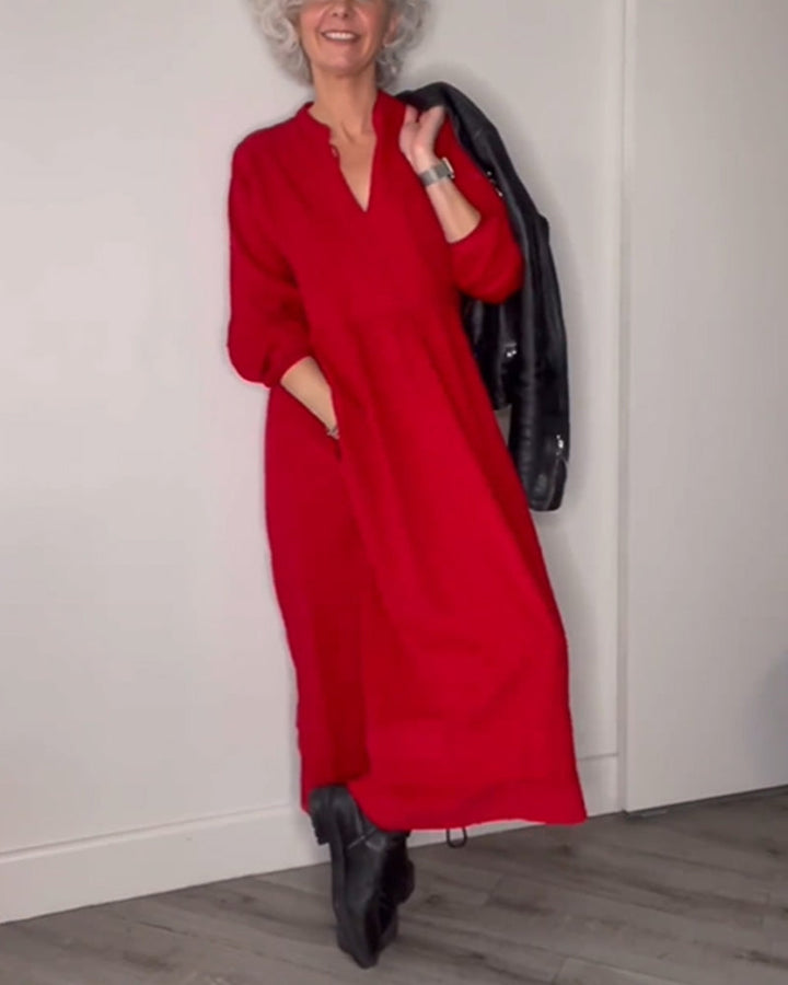Women's Elegant V-neck and Long Sleeves Dress