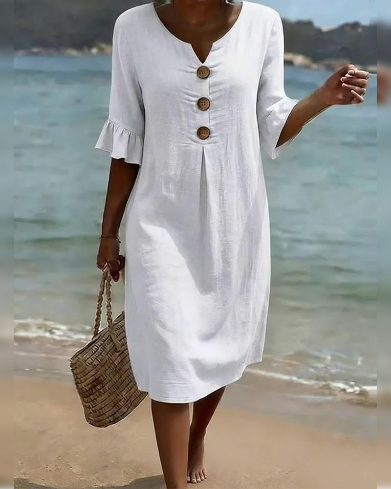 Button-front Cotton Dress With Ruffled Sleeves