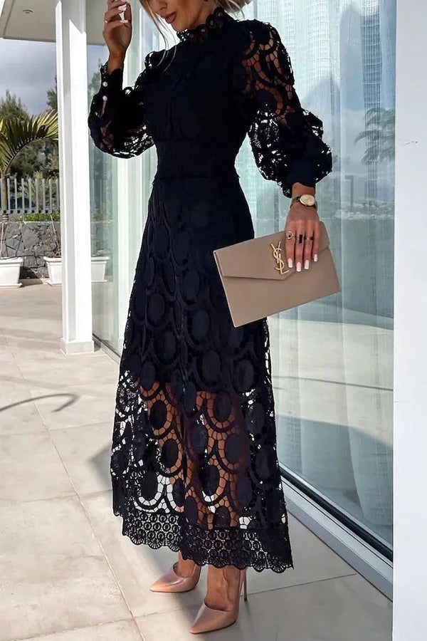 Elegant Crochet Lace Lantern Sleeve Party Midi Dress