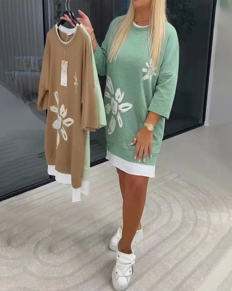Women's Patchwork Print Crew Neck Sweatshirt Dress