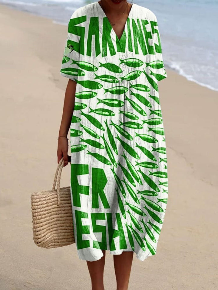 Women's Vintage Fish Art Print Flowy Dress