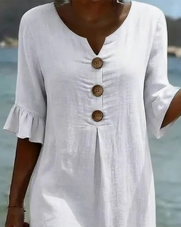 Button-front Cotton Dress With Ruffled Sleeves