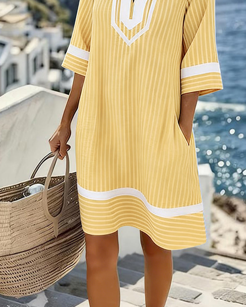 Striped V-Neck Short Sleeve Dress