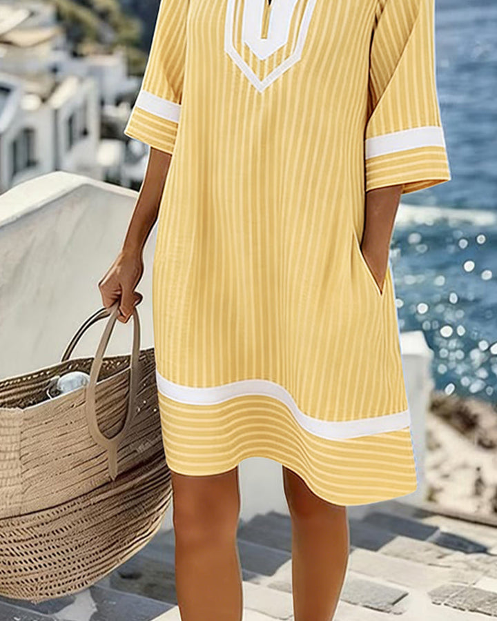Striped V-Neck Short Sleeve Dress