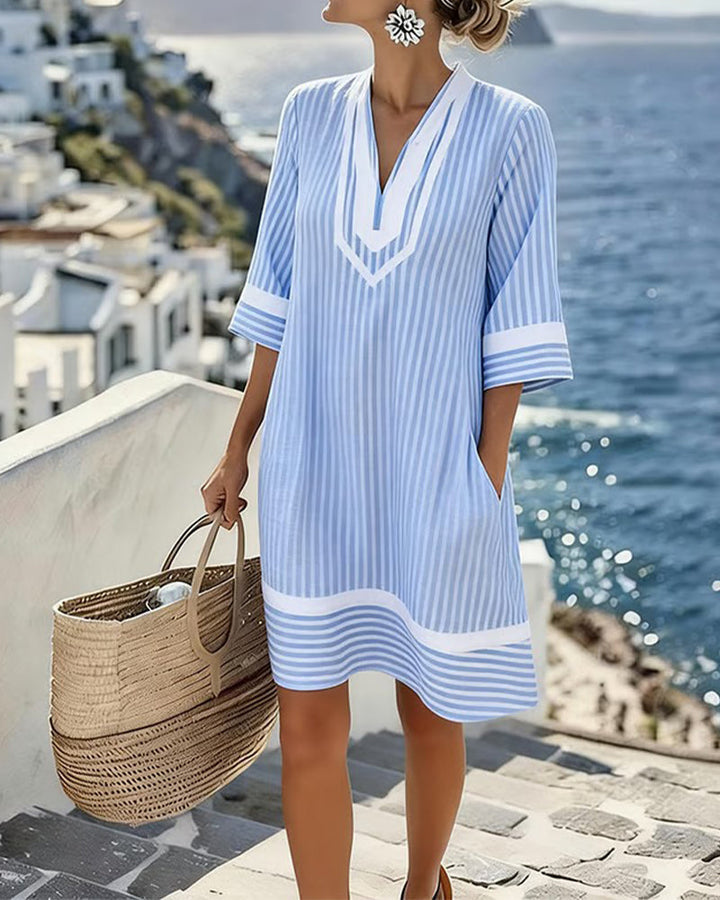 Striped V-Neck Short Sleeve Dress