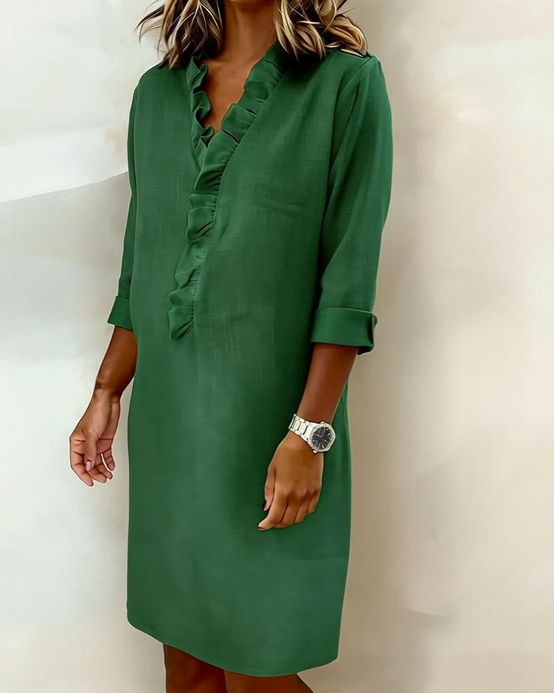 Plain V-Neck Ruffled Dress