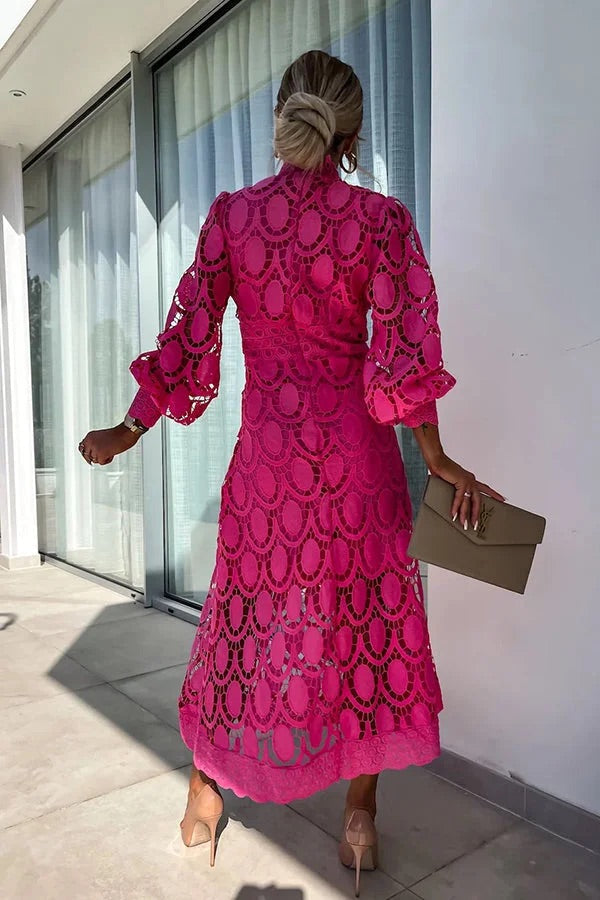 Elegant Crochet Lace Lantern Sleeve Party Midi Dress