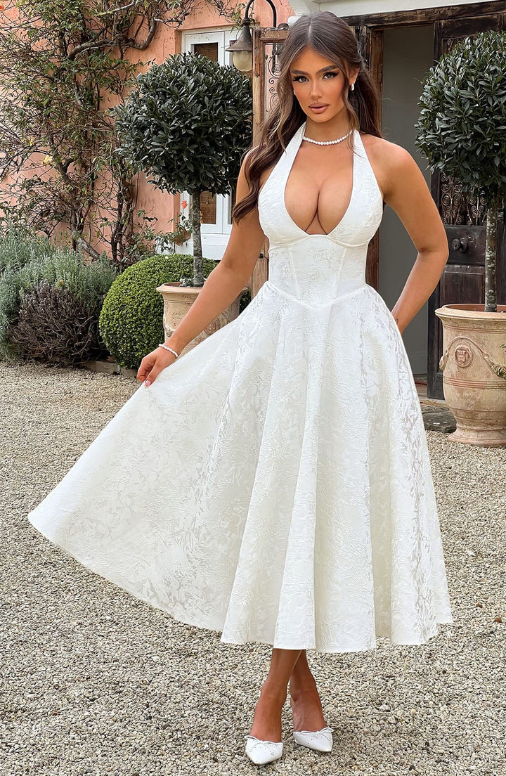 Niamh - Elegant Embroidered Deep V Sleeveless Dress