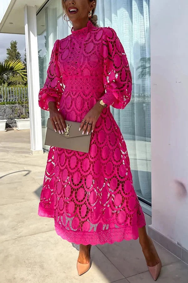 Elegant Crochet Lace Lantern Sleeve Party Midi Dress