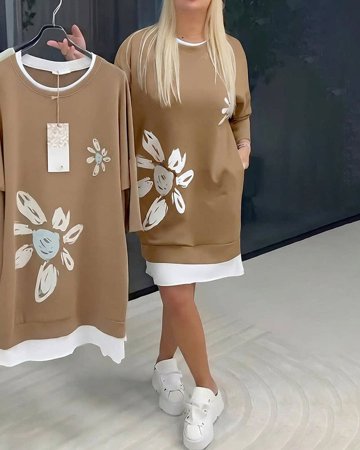 Women's Patchwork Print Crew Neck Sweatshirt Dress