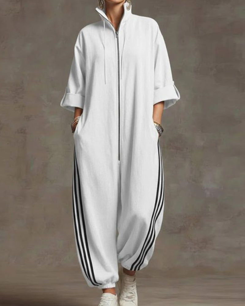 Women's Striped Sport Jumpsuit with Zipper