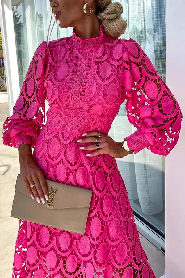 Elegant Crochet Lace Lantern Sleeve Party Midi Dress