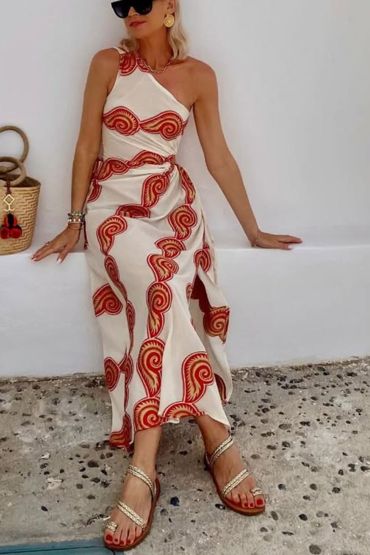 Sunny Linen Blend Shell Print One Shoulder Cutout Waist Tie-up Slit Maxi Dress