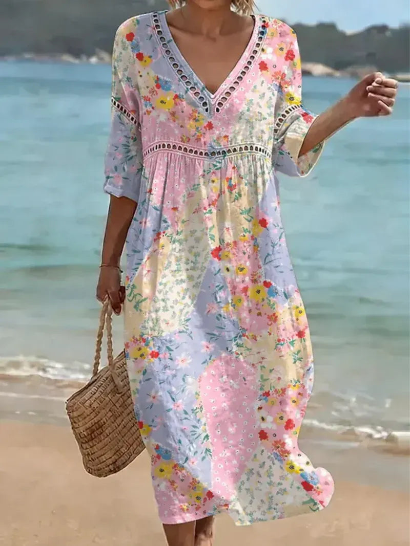 Women’s Floral Patchwork V-Neck Maxi Dress