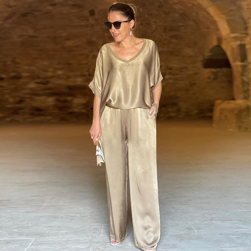 Women's Elegant V-Neck Shiny Two-Piece Set