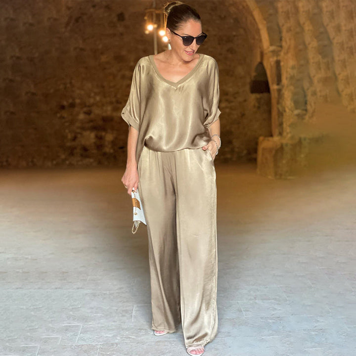 Women's Elegant V-Neck Shiny Two-Piece Set