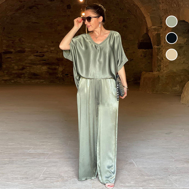 Women's Elegant V-Neck Shiny Two-Piece Set