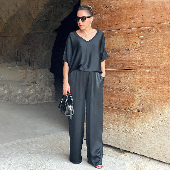 Women's Elegant V-Neck Shiny Two-Piece Set