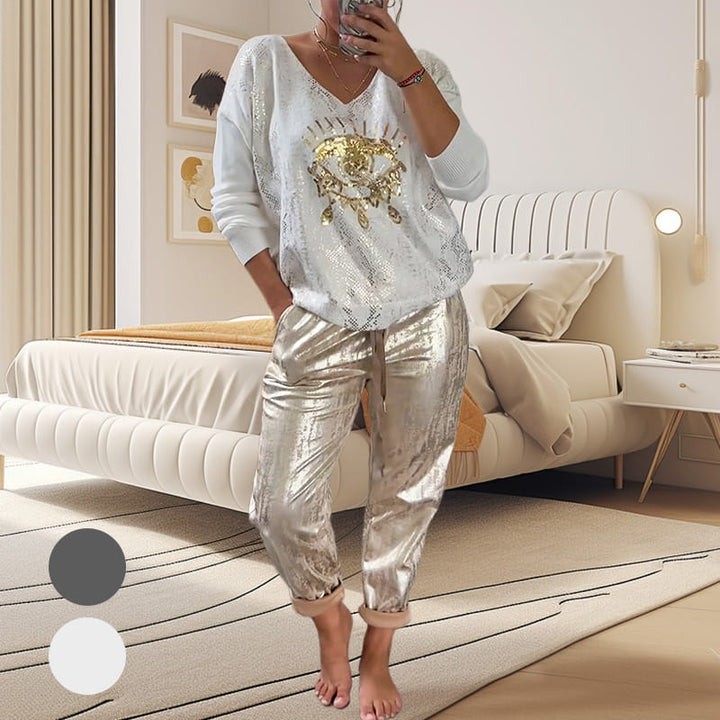 Women's 2-piece Set: Gold Eye Foil Top And Sequined Pants