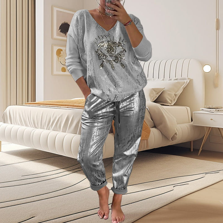 Women's 2-piece Set: Gold Eye Foil Top And Sequined Pants