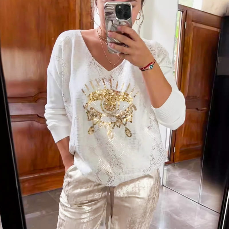 Women's 2-piece Set: Gold Eye Foil Top And Sequined Pants
