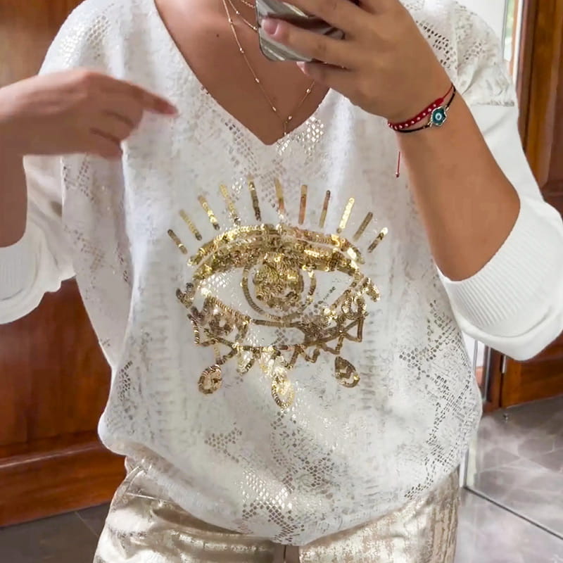 Women's 2-piece Set: Gold Eye Foil Top And Sequined Pants