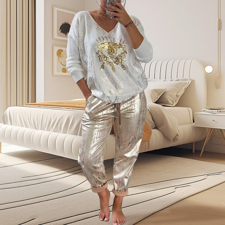 Women's 2-piece Set: Gold Eye Foil Top And Sequined Pants
