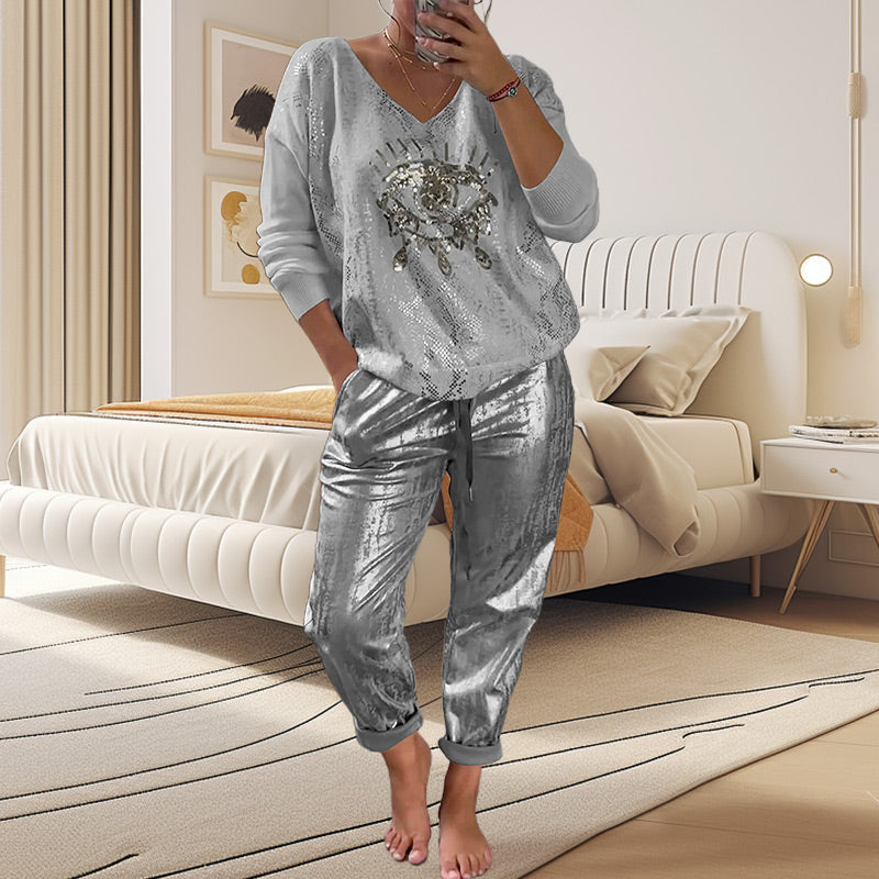 Women's 2-piece Set: Gold Eye Foil Top And Sequined Pants