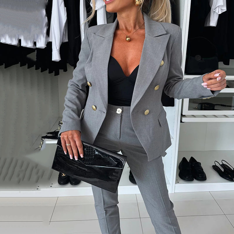 Women's Double-Breasted Blazer and Slim-Fit Pants Set