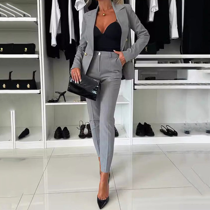 Women's Double-Breasted Blazer and Slim-Fit Pants Set