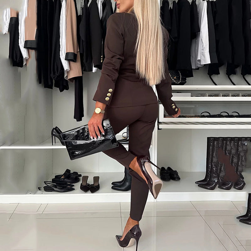 Women's Double-Breasted Blazer and Slim-Fit Pants Set