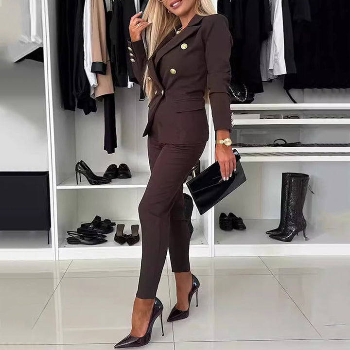 Women's Double-Breasted Blazer and Slim-Fit Pants Set