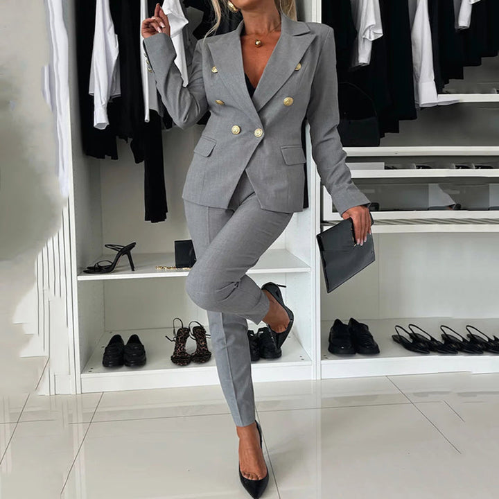 Women's Double-Breasted Blazer and Slim-Fit Pants Set