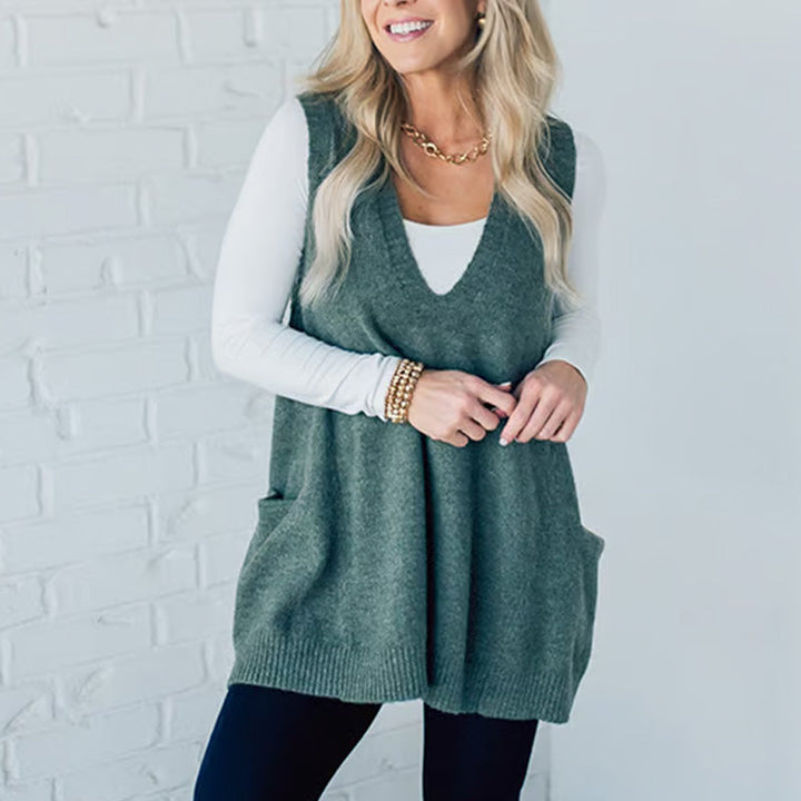 Women's Loose Fit V-Neck Knit Vest with Pockets