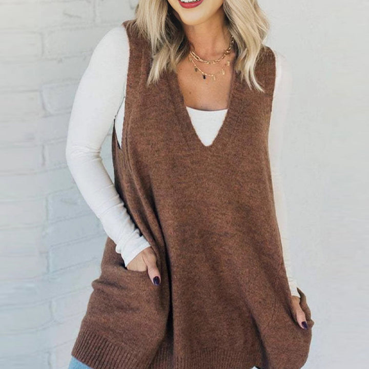 Women's Loose Fit V-Neck Knit Vest with Pockets