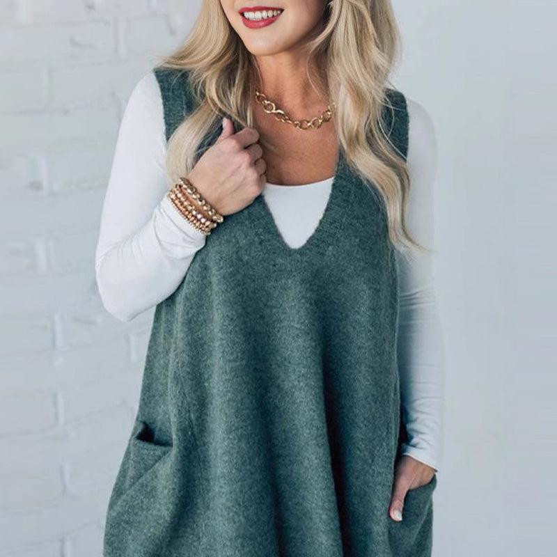 Women's Loose Fit V-Neck Knit Vest with Pockets