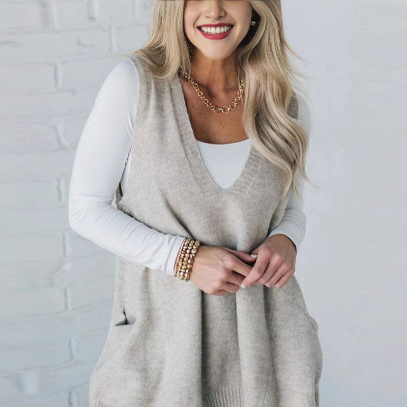 Women's Loose Fit V-Neck Knit Vest with Pockets